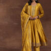 Mustard Embroidered Silk Blend A-Line Kurta With Palazzos & Dupatta