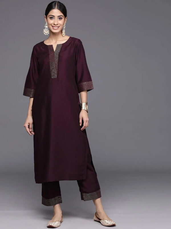 Burgundy Solid Silk Blend Straight Kurta With Trousers