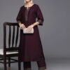 Burgundy Solid Silk Blend Straight Kurta With Trousers